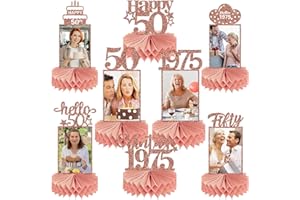 Guiruiy 8Pcs Happy 50th Birthday Decorations Honeycomb Centerpieces for Women, Pink Rose Gold Glitter Hello 50 Birthday Photo Table Centerpieces Party Supplies, Pink Fifty Bday Photo Table Topper