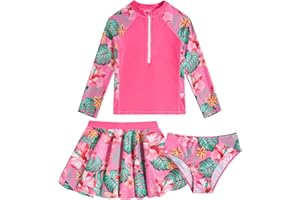 VIEILLE Girls Swimsuit 3-Piece Zipper Rash Guard UPF 50+ Long Sleeve Skirt Set Bathing Suit Size 6-12 Years