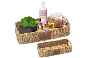 Huaodor Water Hyacinth Basket for Toilet Paper Wicker Bathroom Storage Basket with Built-in Handles | Hand Woven Back of Toilet Organizer 13.8" L x 6" W x 3.15" H