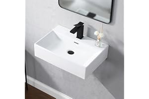 UFaucet Wall Mounted Bathroom Sink 20" x 14", Bathroom Vessel Sinks Wall Hung Modern Ceramic Sink, Rectangle Commercial White Porcelain Vessel Basin One Hole Bowl Laundry Half Bath Small Bathroom