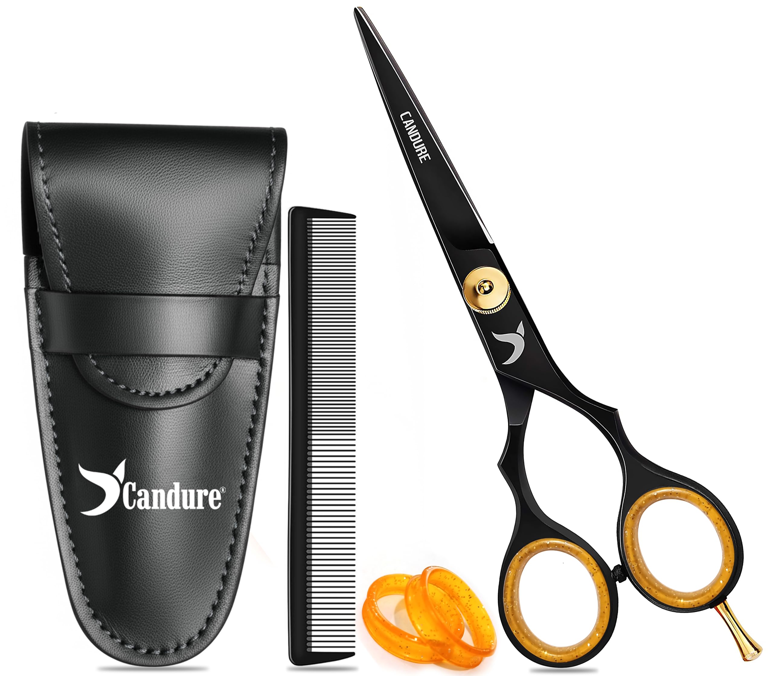 Candure Hairdressing Scissor with Comb & Leather Pouch 6.5" - Hair Scissor for Professional Hairdressers, Barbers Stainless Steel Hair Cutting Shears for Salon, Men, Women, Children and Adults Black