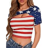 Ovokcina Womens Sexy Outfits Hollow Out 4th of July Flag Crop Patriotic Short Sleeves Tee Shirts Top
