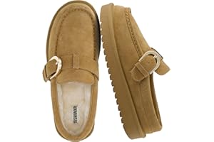 CUSHIONAIRE Origin Genuine Suede Mule Clogs for Women, Cozy Slip-On Moc Toe Loafer with Buckle and Faux Fur Cushioned Footbed