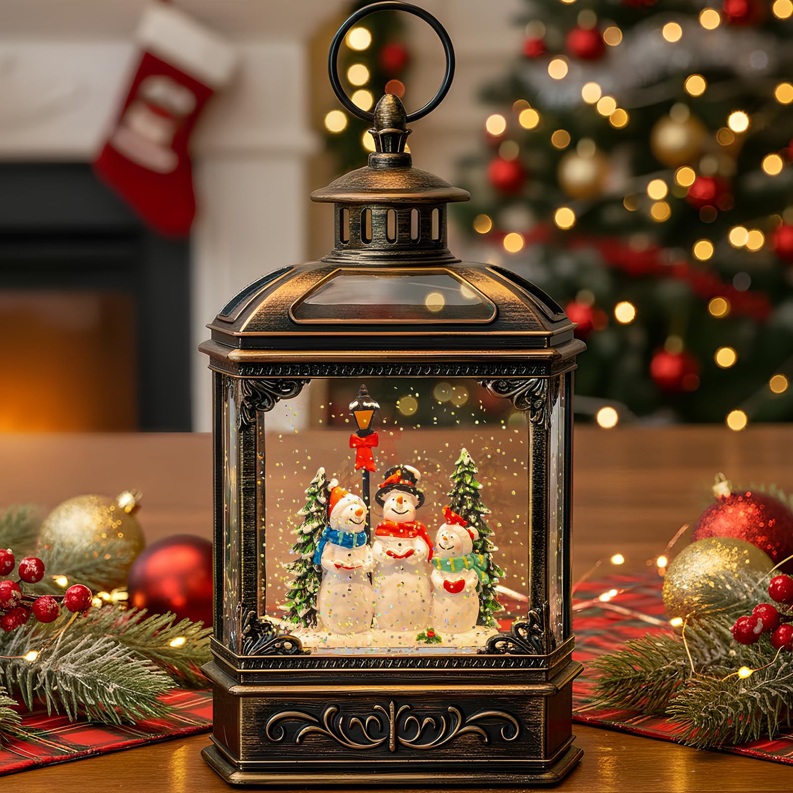 Christmas Snow Globe Swirling Glittering Snowman Choir with Music & Timer, USB Lined/Battery Operated Lighted Water Lantern for Christmas Festival Decoration Gifts Image