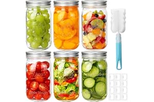 Waymind 32 oz Wide Mouth Mason Jars, 6 Pack Large Glass Canning Jars with Fruit Pattern, 1 Quart Clear Glass Jars with Airtig