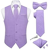 DiBanGu Mens Linen Suit Vest Casual Waistcoat and Necktie & Pre-tied Bowtie Set 6PCS Solid Color Dress Vest for Wedding Party