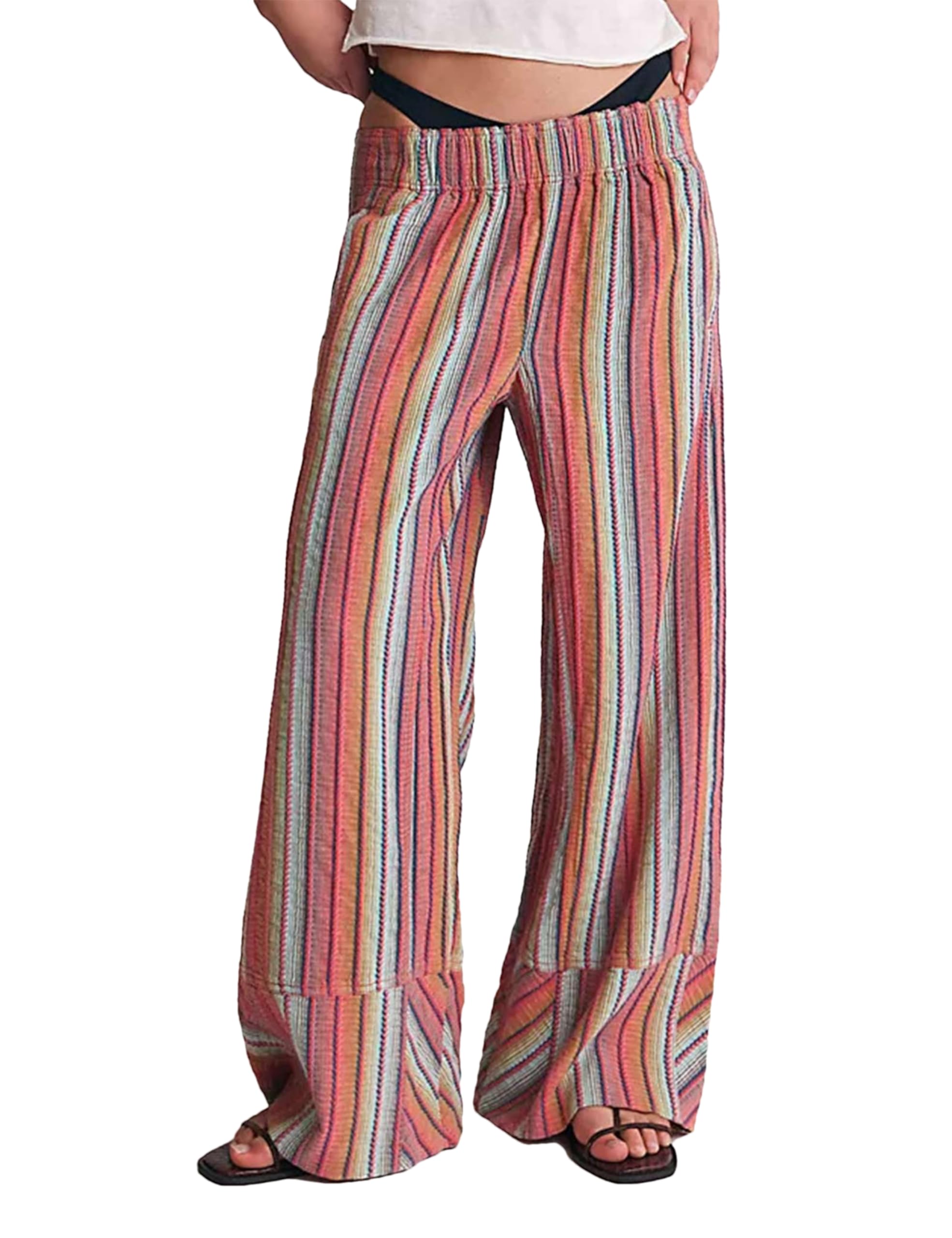 Photo 1 of Bozanly Women's Striped Wide Leg Lounge Pants Boho Elastic Waist Loose Casual Trousers with Pockets 2025(1030-Pink-XS)