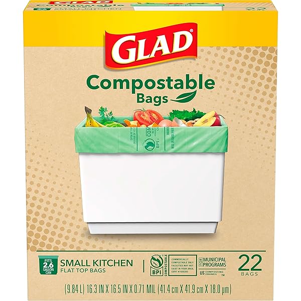 GLAD KITCHEN COMPOST BAGS, 2.6 GALLON SMALL FLAT TOP BAGS, UNSCENTED, 22 COUNT (PACKAGE MAY VARY)