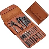 FAMILIFE Gifts for Men, Manicure Set Clippers Manicure Kit Nail Clipper Sets 16pcs Mens Grooming Kits Professional Stainless Steel Nail Kit Brown Leather Case Travel Kits