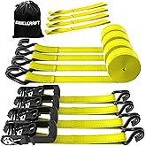 AWELCRAFT Ratchet Straps (4PK) - 3300lbs Breaking Strength 1.5''×10' Heavy Duty Tie Down Straps with Padded Handles, Double J Hooks & Soft Loops for Moving Motorcycle, Trailer & Trucks (Yellow)