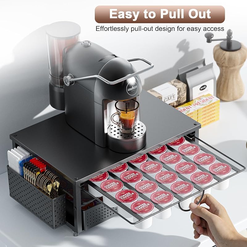 Support de dosettes de café K avec tiroir de rangement coulissant à 2 niveaux et 1 panier suspendu pour 51 grandes ou 73 petites capsules, accessoires de rangement pour comptoir, bureau, cuisine (noir