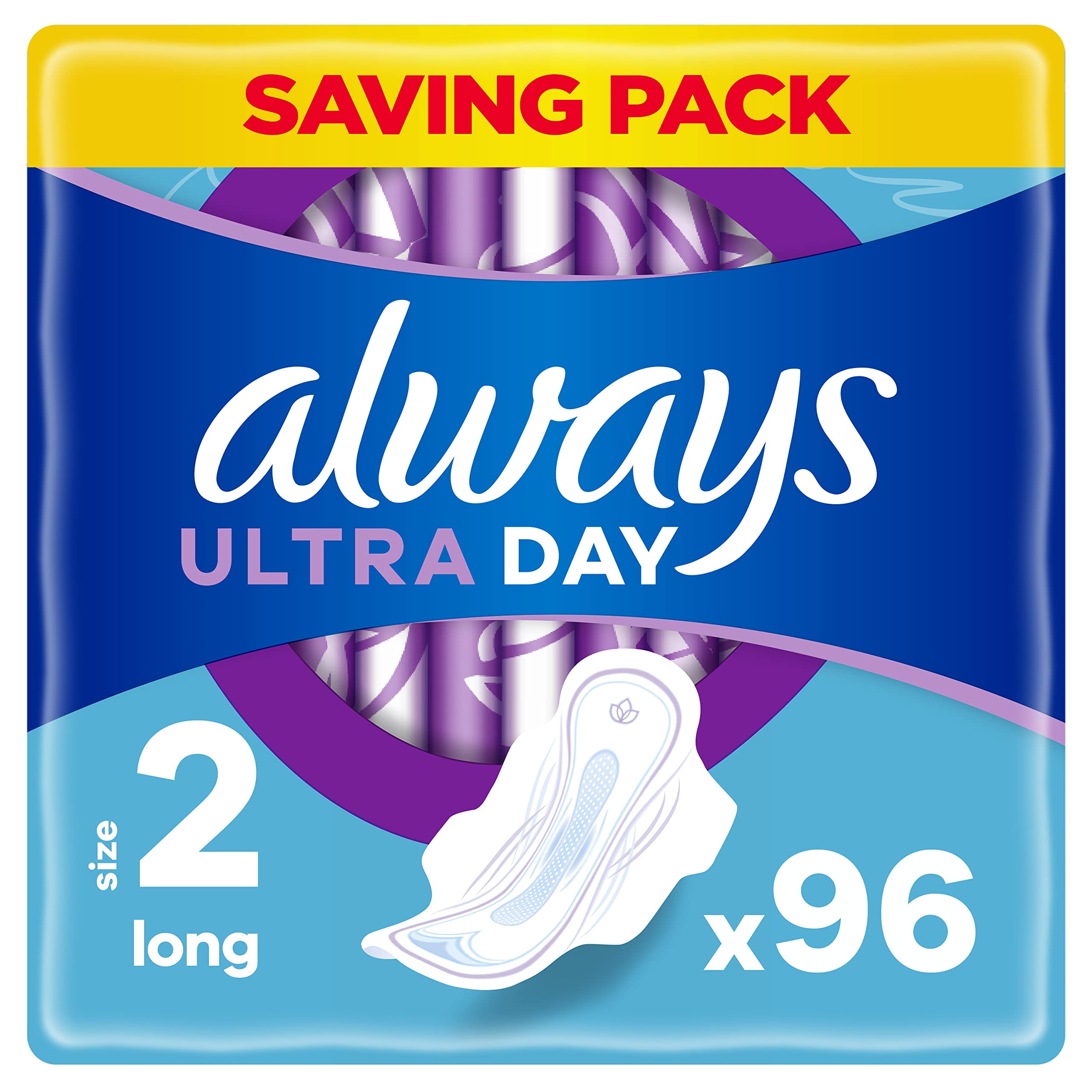 Always Ultra Sanitary Towels, Size 2, Long, Moderate Flow, 96 Pads With Wings (32 x 3 Packs) SAVING PACK, Locks Wetness Leaks & Odours, Thin And Discreet