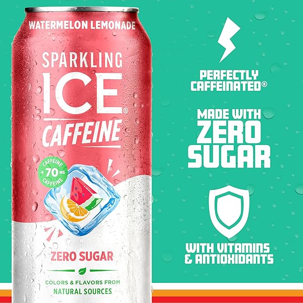 SPARKLING ICE CAFFEINE WATERMELON LEMONADE SPARKLING WATER WITH CAFFEINE, ZERO SUGAR, WITH ANTIOXIDANTS AND VITAMINS,16 FL OZ CANS (PACK OF 12)