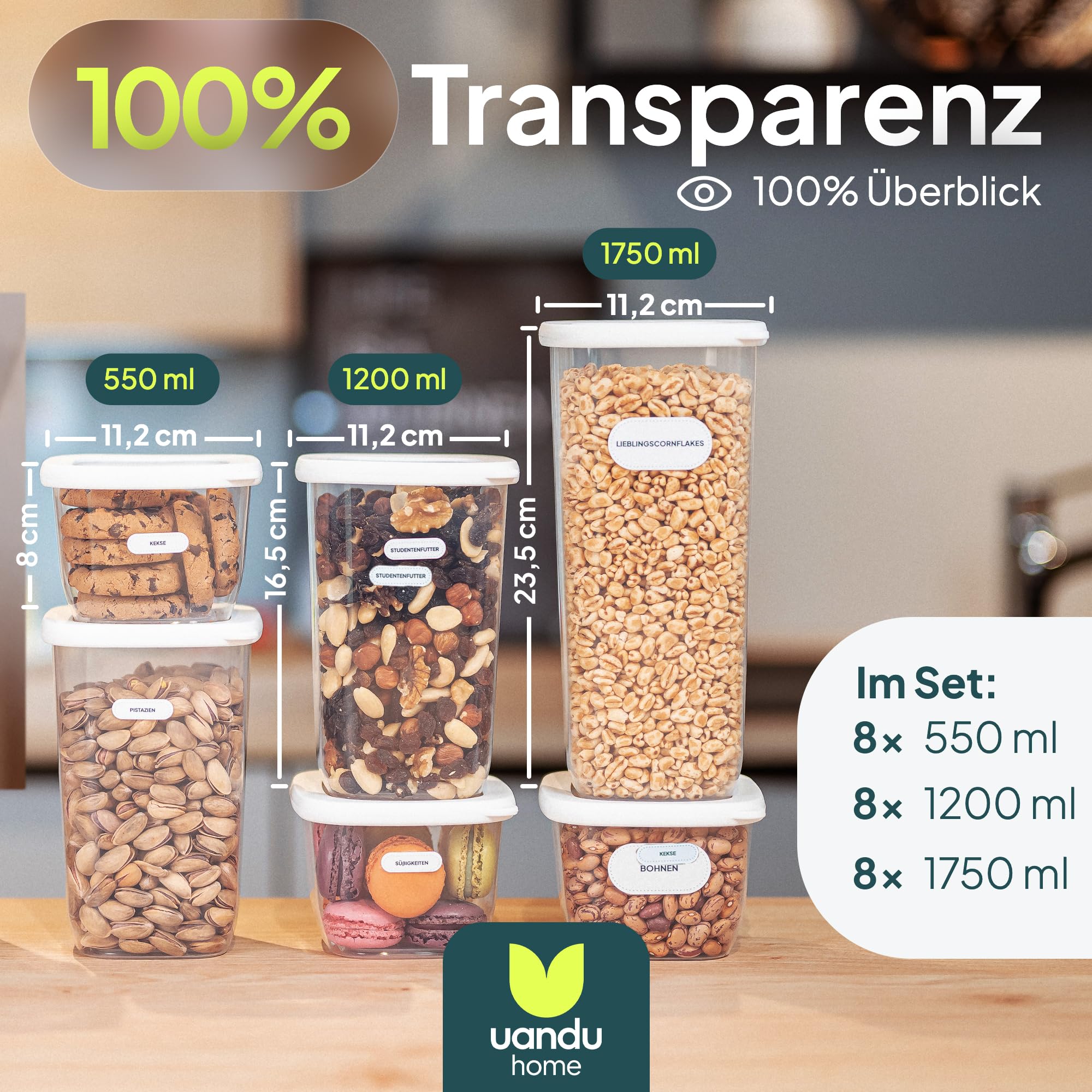 uandu Vorratsdosen mit Deckel luftdicht – 24er Vorratsbehälter Set BPA Frei, Aufbewahrungsdosen Küche für Müsli, Mehl & Zucker, Mit Etiketten 3