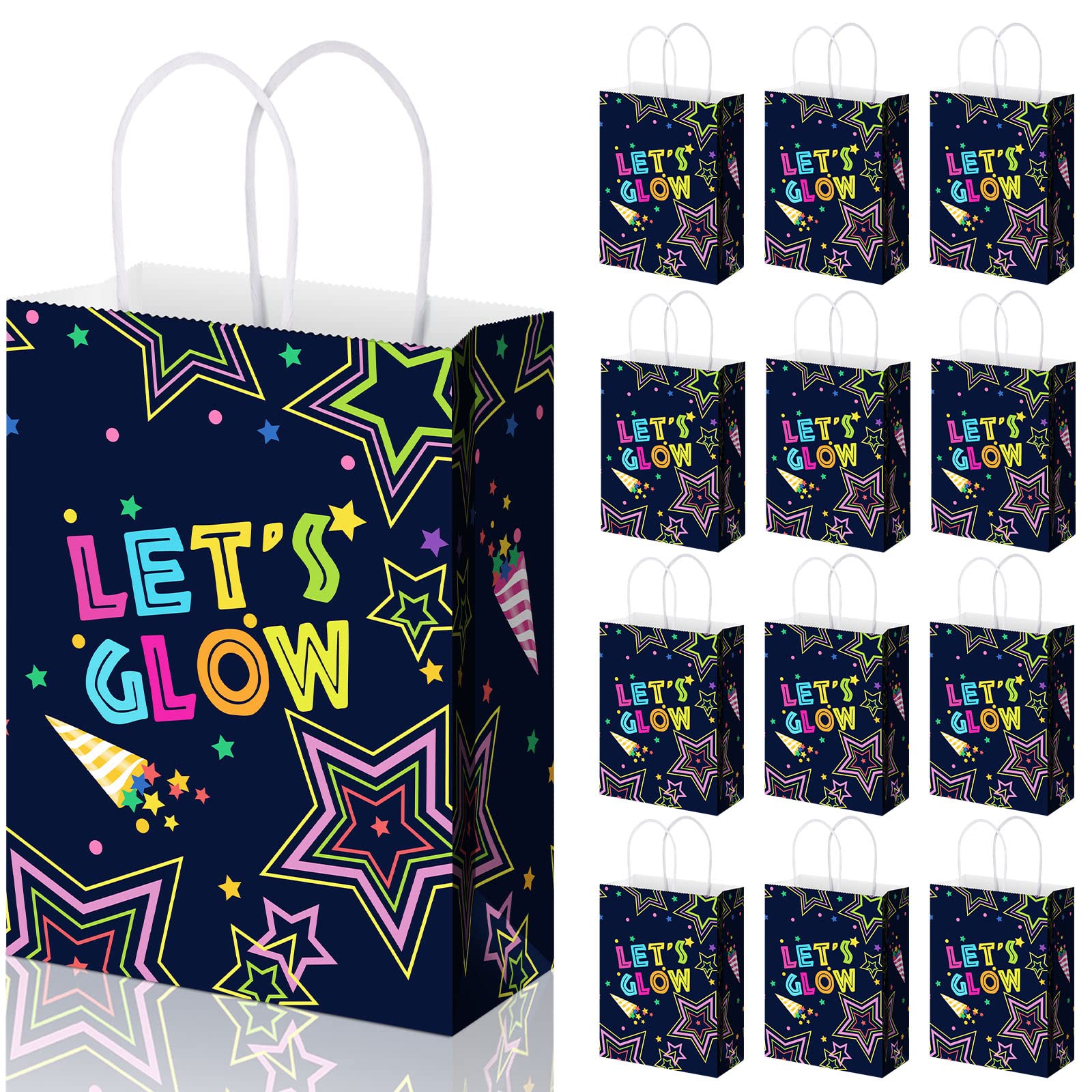 Spakon 12 Pcs Glow in The Dark Party Favors Neon Party Supplies for Adults Glow in Dark Party Bags Handle Treat Tote Glow Party Favor Bags Party Bags for Adult Birthday Dark Themed Decorations