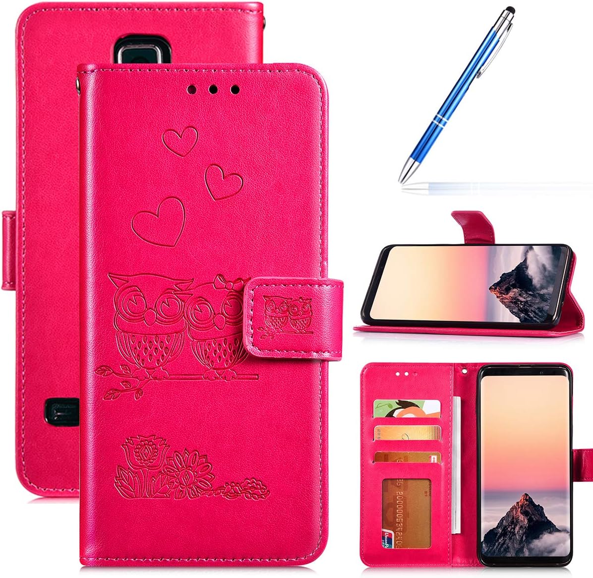 Robinsoni Case Compatible with Samsung Galaxy S5 Phone Case Wallet Galaxy S5 PU Leather Cover Shockproof Kickstand Case Flip Notebook Style Phone Cover Heavy Duty Case Hard Case Owl Printed Rose Red