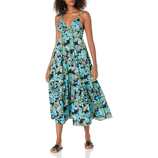 Moon River Women's Sleeveless Cut-Out Tiered Shirred MIDI Dress, Pink  Multi, S at Amazon Women's Clothing store