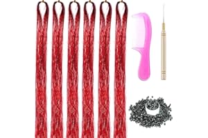 XIAO TAO ZI 6 Packs 43 Inch Hair Tinsel Extensions with Tools Kit 1200 Strands Tinsel Hair Extensions for Women Girls Heat Resistant Sparkling Shiny Glitter Hair Pieces for Christmas Cosplay Party (43 inch,red)