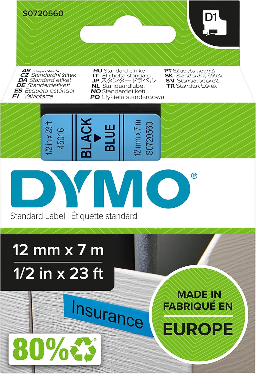 Dymo Authentic D1 Labels Black on Blue Tape 12 mm x 7 m for LabelManager
