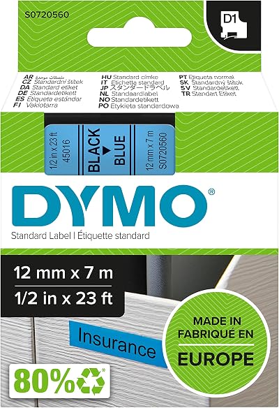Dymo Authentic D1 Labels Black on Blue Tape 12 mm x 7 m for LabelManager