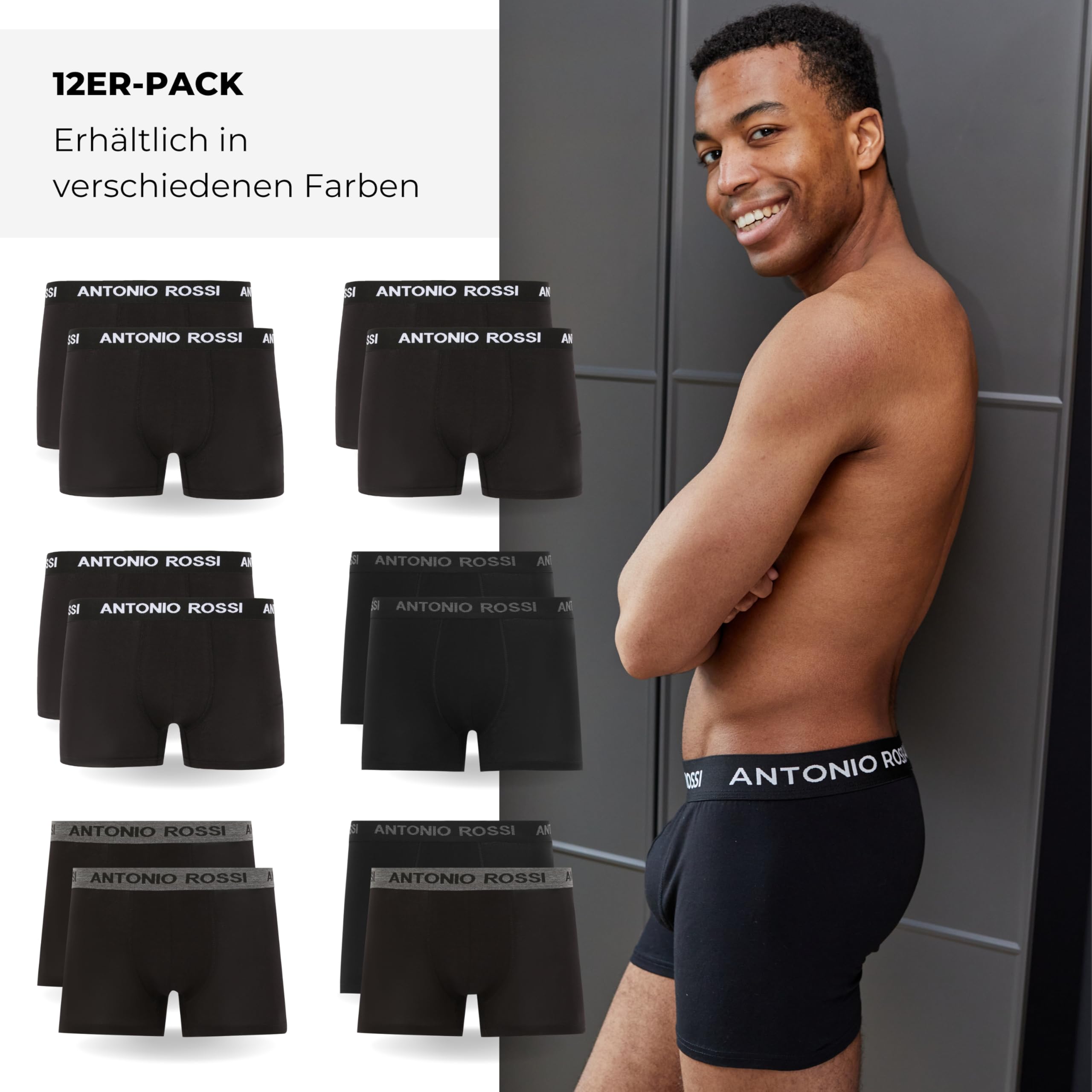 ANTONIO ROSSI Herren (12er-pack) Herren-boxer-hipster Fitted Boxer Hipsters, Schwarz, XXL EU 4