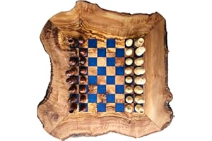 Artisanal Elegance: Handmade Olive Wood Chess Board with Vibrant Epoxy Squares - 32 pieces - 12"x12" (Blue)