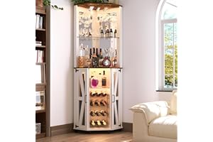 Oransail 68.9“ Tall Corner Bar Cabinet, Wine Bar with LED Light and Mirror, Farmhouse Liquor Cabinet with Adjustable Shelf & Glass Rack, for Dining Room, Living Room