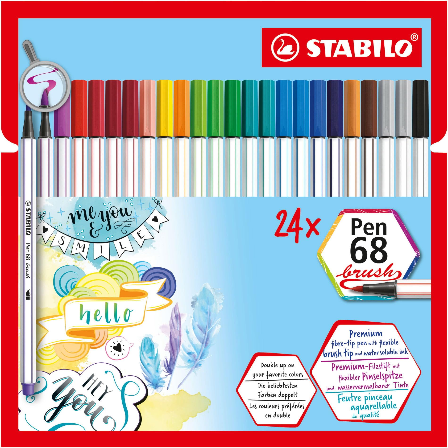 STABILO Pen 68 brush - Premium Fibre-Tip Pen with Brush Tip - Pack of 24 - Assorted Colours