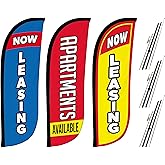 LookOurWay Real Estate Themed Feather Flag Pole Kit 3-Pack - 5 Feet Tall Now Leasing Advertising Flags with 3 Banners, 3 Pole Sets, and 3 Ground Spikes (Now Leasing Blue/Yellow, Apartments Avaialble)