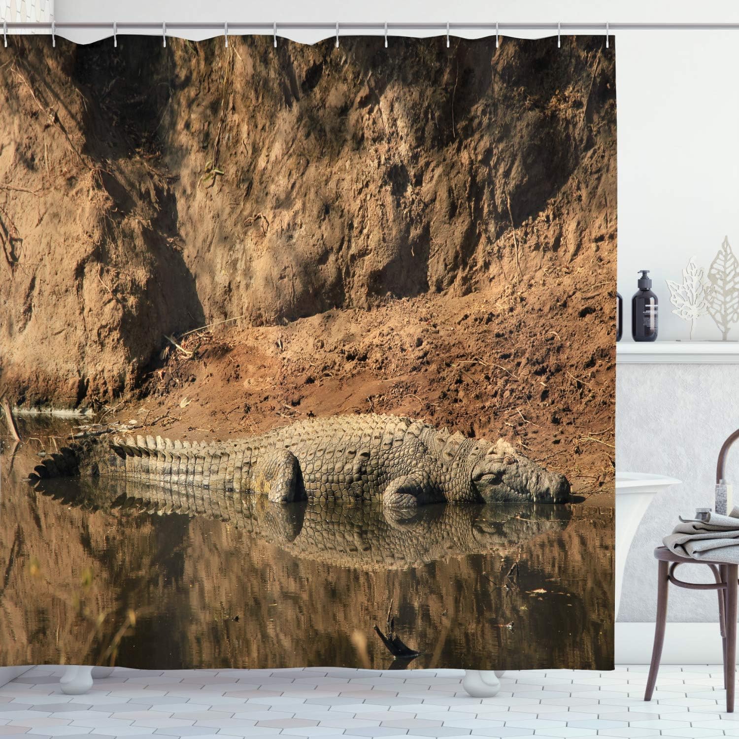 Amazon Com Ambesonne Wildlife Decor Shower Curtain Nile Crocodile Swimming In The River Rock Cliffs Tanzania Hunter Geography Fabric Bathroom Decor Set With Hooks 70 Inches Brown Tan Home Kitchen