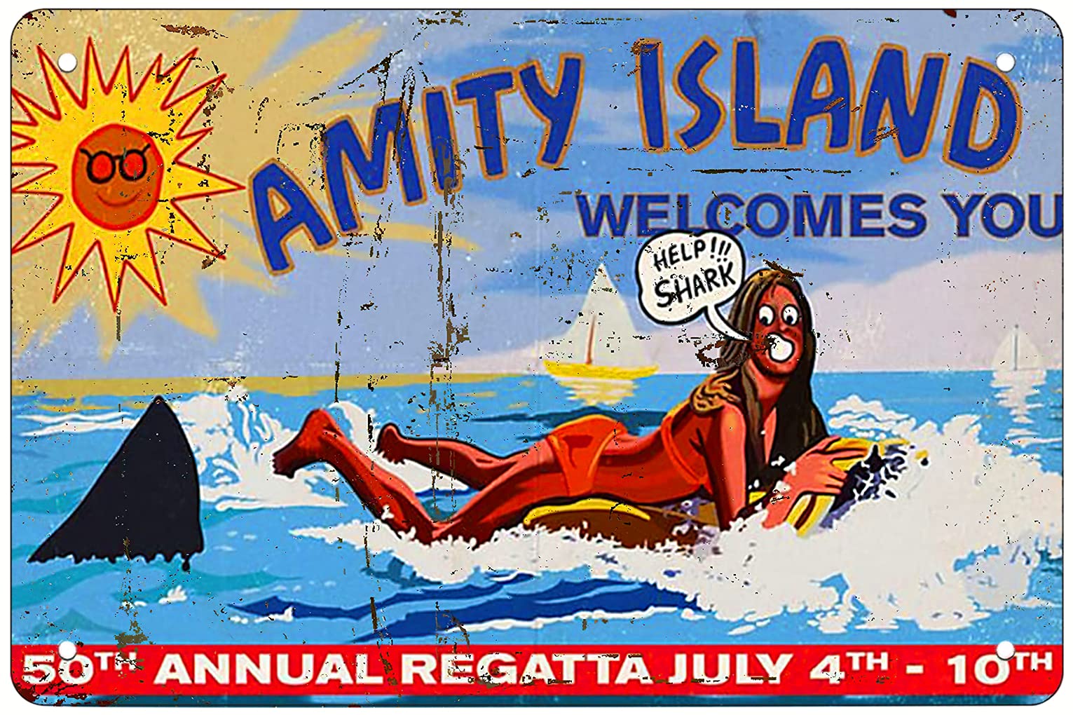 Photo 1 of Metal Tin Sign For Welcome to Amity Island?surf Girl Retro Funny Metal Sheet Signs, Wall Decoration, Size:8 x 12 Inches