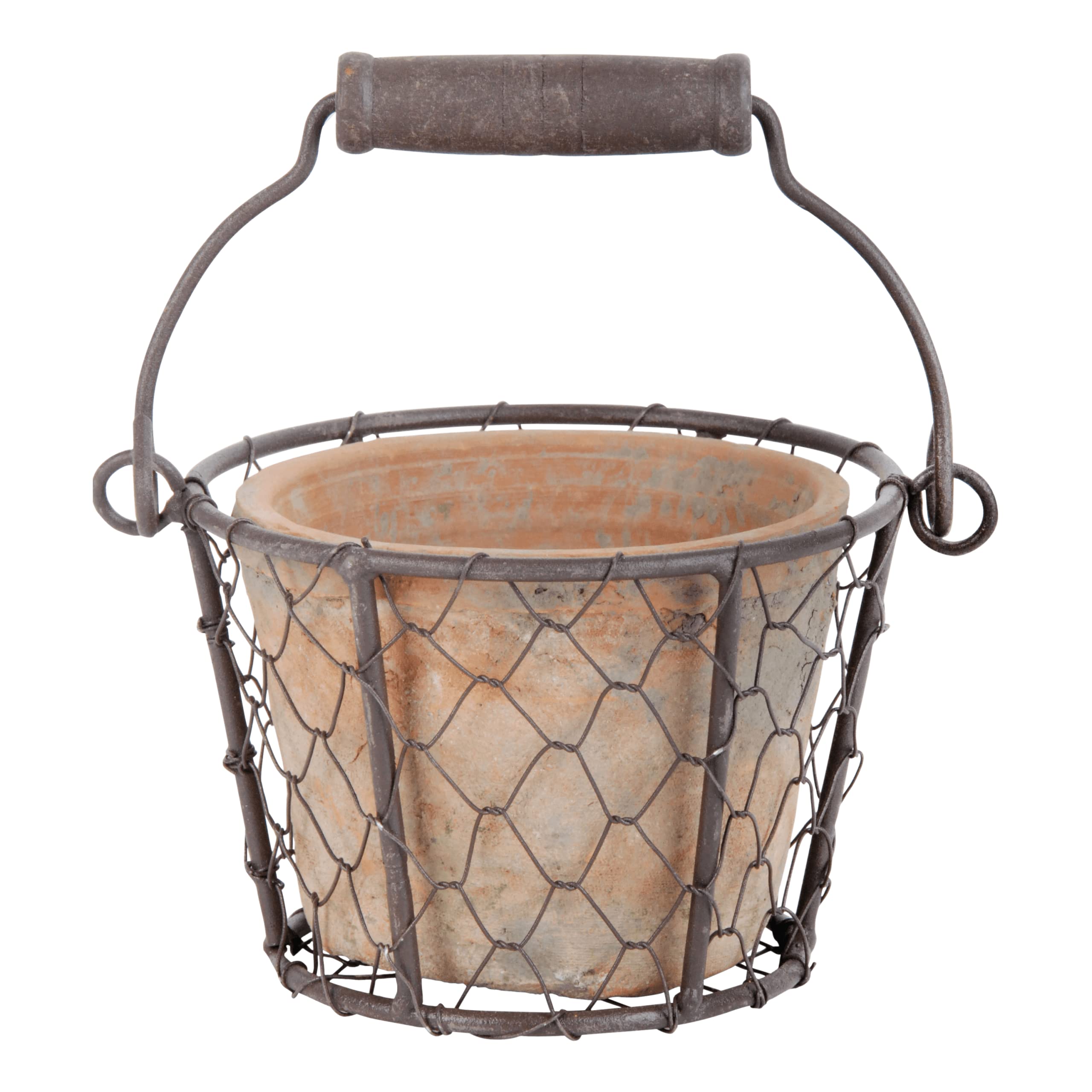Esschert Design AT09 Aged Terracotta Pot in Wire Basket/ Handle, Black, 15 x 13 x 10 cm