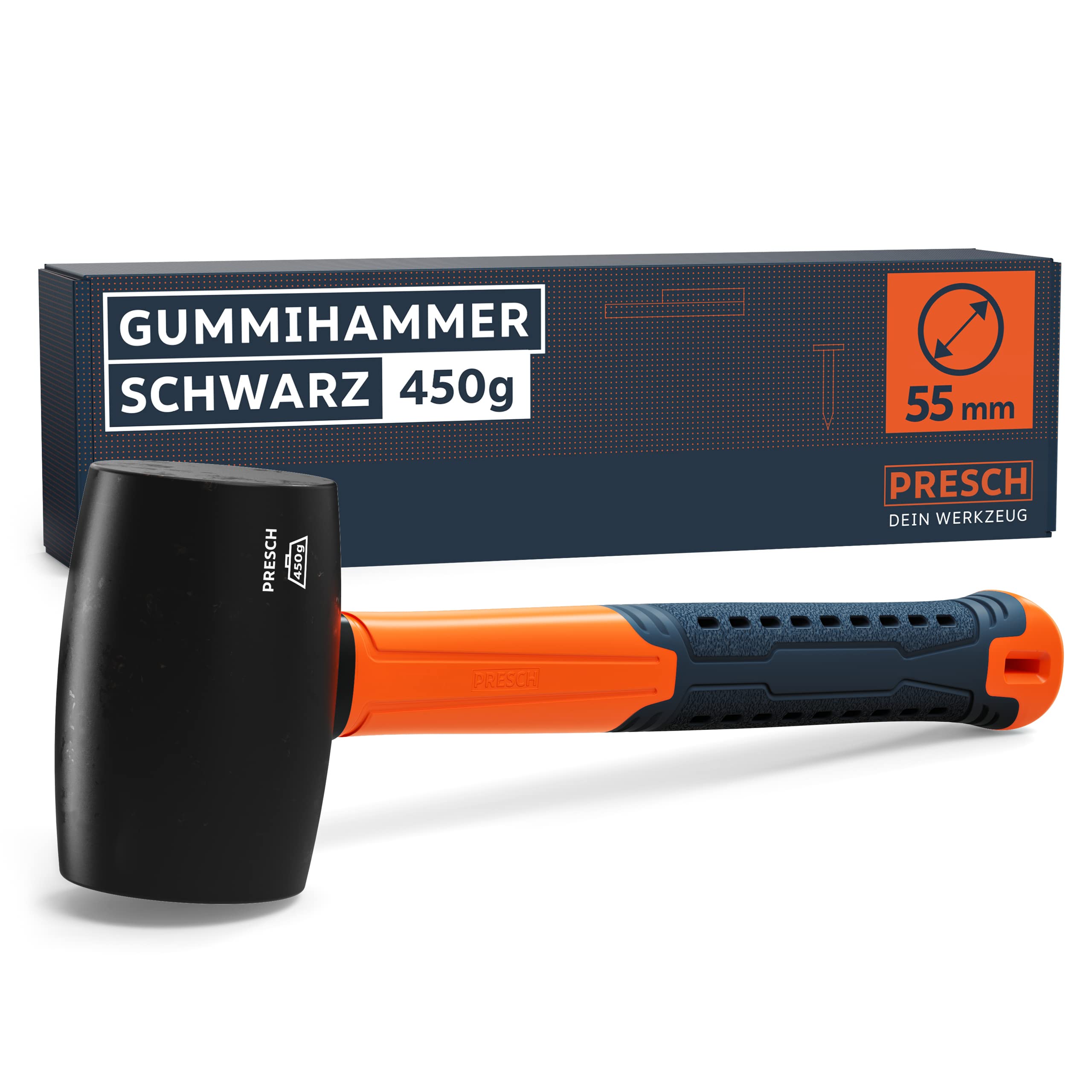 PRESCH Gummihammer Schwarz 450g - Hartgummihammer mit Fiberglasstiel | ⌀=55mm - Schwarzer Naturkautschuk für Outdoor - Langlebiger Schonhammer für Outdoor, Camping, Steine uvm.