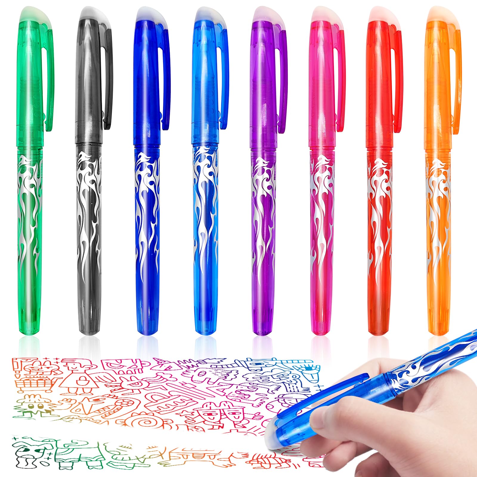 Obidodi 8 Erasable Friction Pens With Rubbers, 0.5mm Gel for Kids and Adults - Notebook School Office Stationery (Colorful)