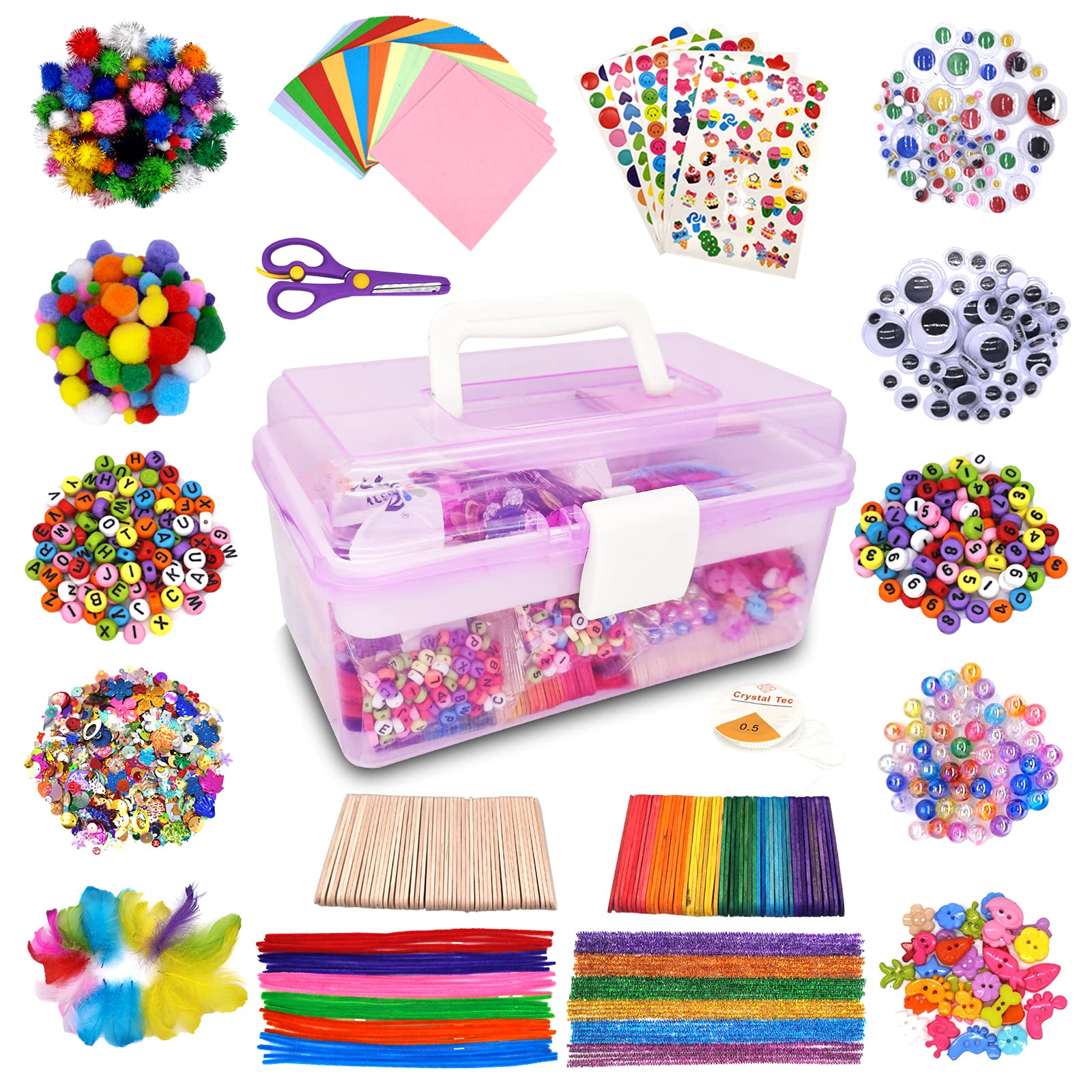Obqo 1800+ Pcs Kids Craft Box Kit - Toddler Arts and Crafts Includes Pom Poms, Pipe Cleaners, Feather, Folding Box - All in One DIY Craft Set for Toddlers (Purple)