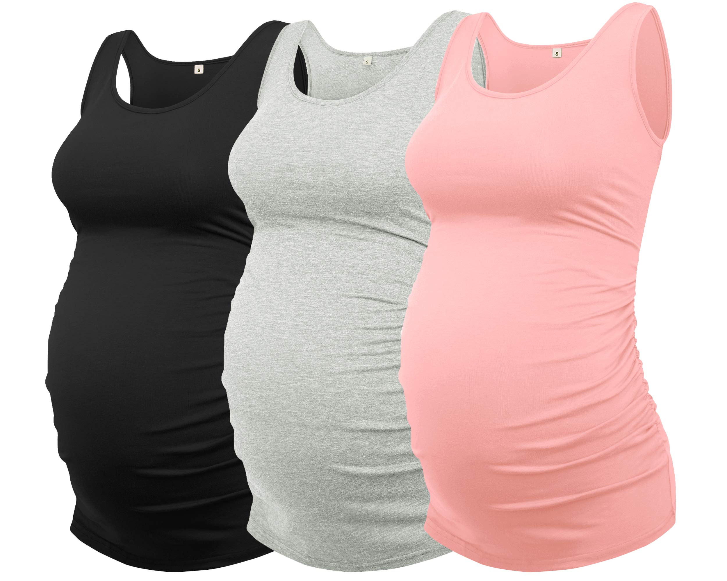 Photo 1 of ***ONLY TWO*** AMPOSH Women's Maternity Tank Top 3 Pack Ruched Side Sleeveless Pregnancy Basic Shirt(Black/Gray/Pale Pink, XL)
