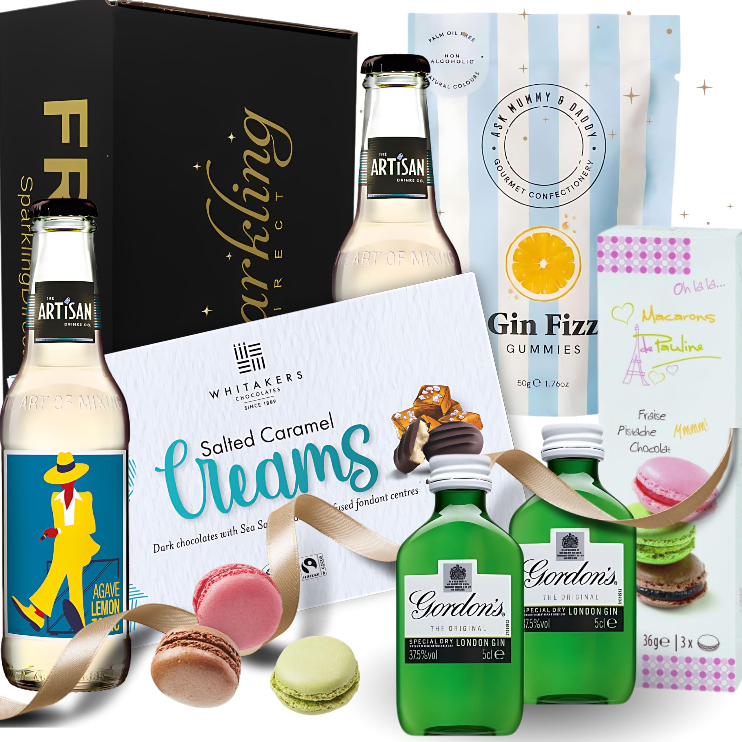 Gin Gift Set - Birthday Gifts for Women, Gin Hamper with 2 x 5cl Gordons Gin, Box of Macarons, Salted Caramel Chocolates, Gin Fizz Gummies, and 2 Bottles of Artisan Lemon Tonic