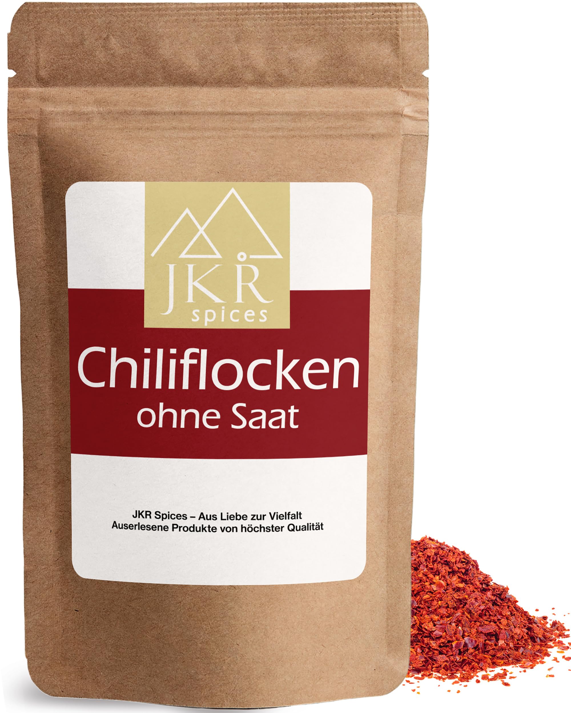 JKR Spices Chiliflocken ohne Saat 200g | Chili Flocken ohne Kerne | Chili Flakes im wiederverschließbaren CO² neutralem Beutel | Chili geschrotet mild | Chilli Flocken