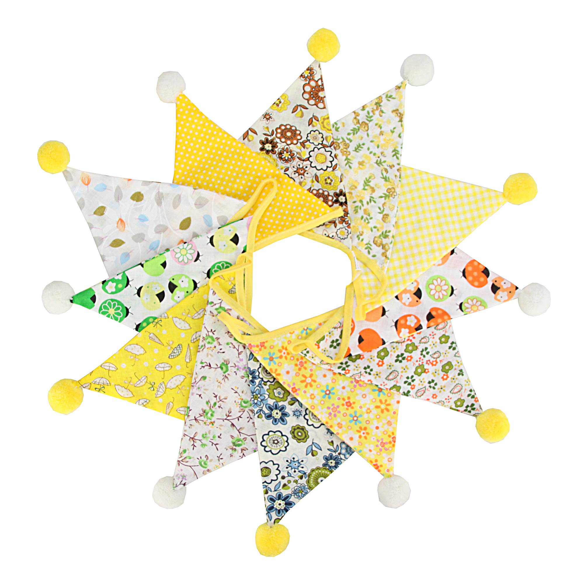 G2PLUS 4M Fabric Bunting Banner with Poms -12PCS Double Sided Cotton Pennants - 17x19CM Floral Triangle Garlands for Birthday Parties Ceremonies Kitchen Bedrooms Decoration-Yellow