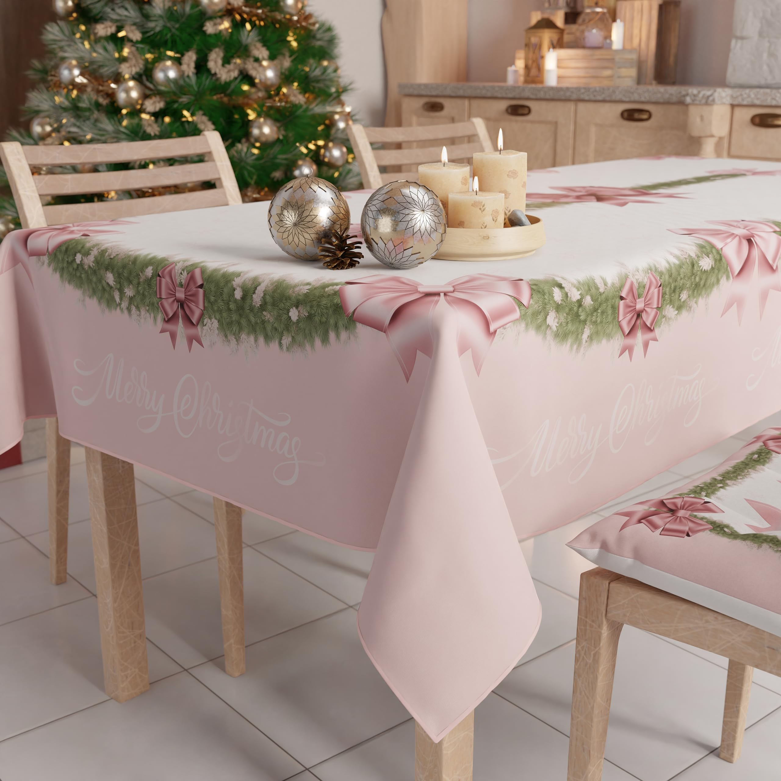 PETTI Artigiani Italiani Stain-Resistant Tablecloth Christmas – 140x360 cm Rectangular Festive Table Cover for Kitchen or Dining Table, Pink Bow & Feather Design – 18 Seats, 100% Made in Italy — image 1