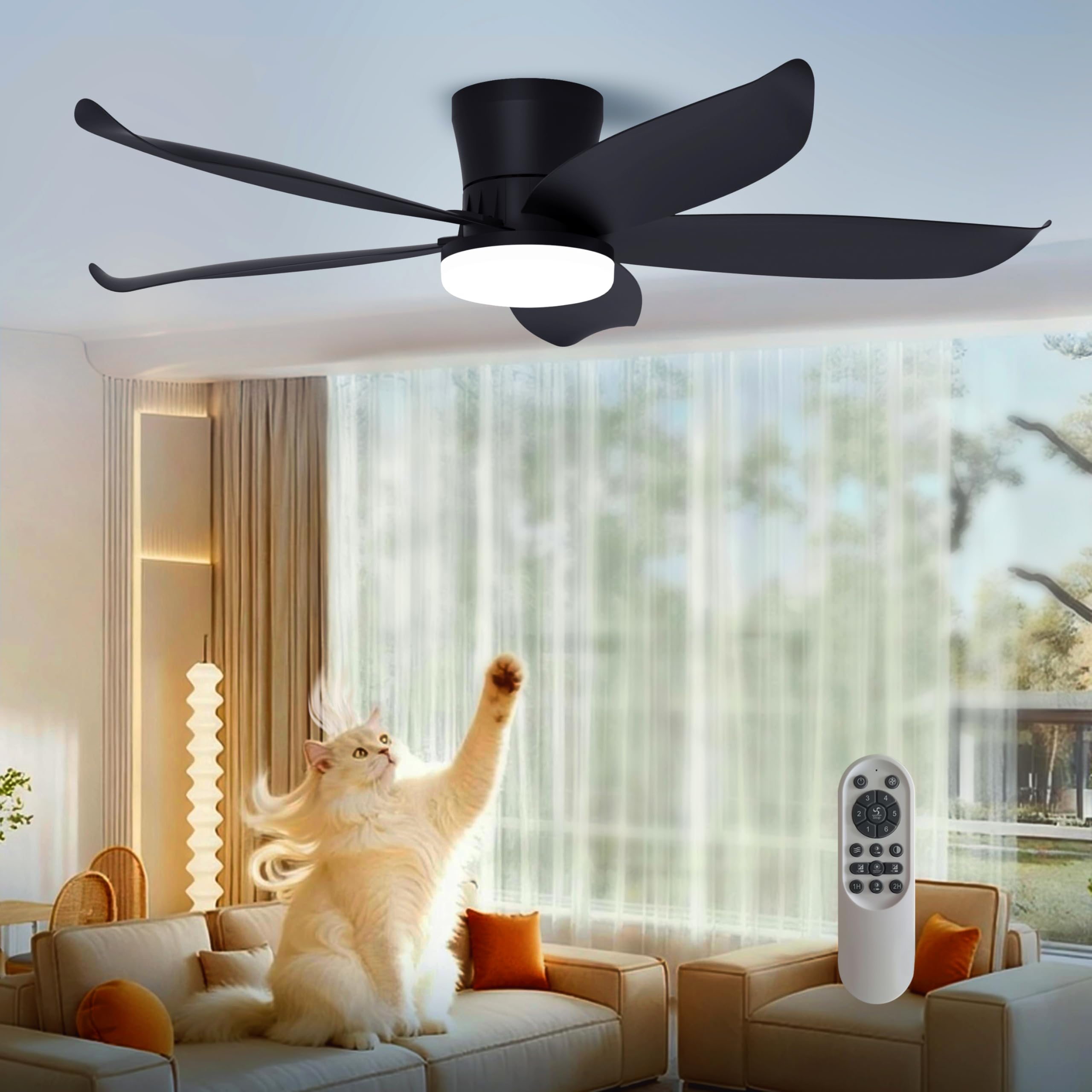 Photo 1 of LANMEL 42 Inch Black Flush Mount Ceiling Fan with Light and Remote, Low Profile Modern Ceiling Fan, 6 Speed, Reversible, 3000k-6500k Dimmable LED, Quiet DC Motor for Indoor Outdoor