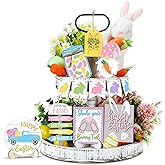 Jetec Easter Decor 12 Pcs Bunny Easter Tiered Tray Decor Spring Table Wooden Sign Decorations Farmhouse Rustic Happy Gnome Rabbit Eggs Set for Spring Holiday Kitchen Home Party Tabletop