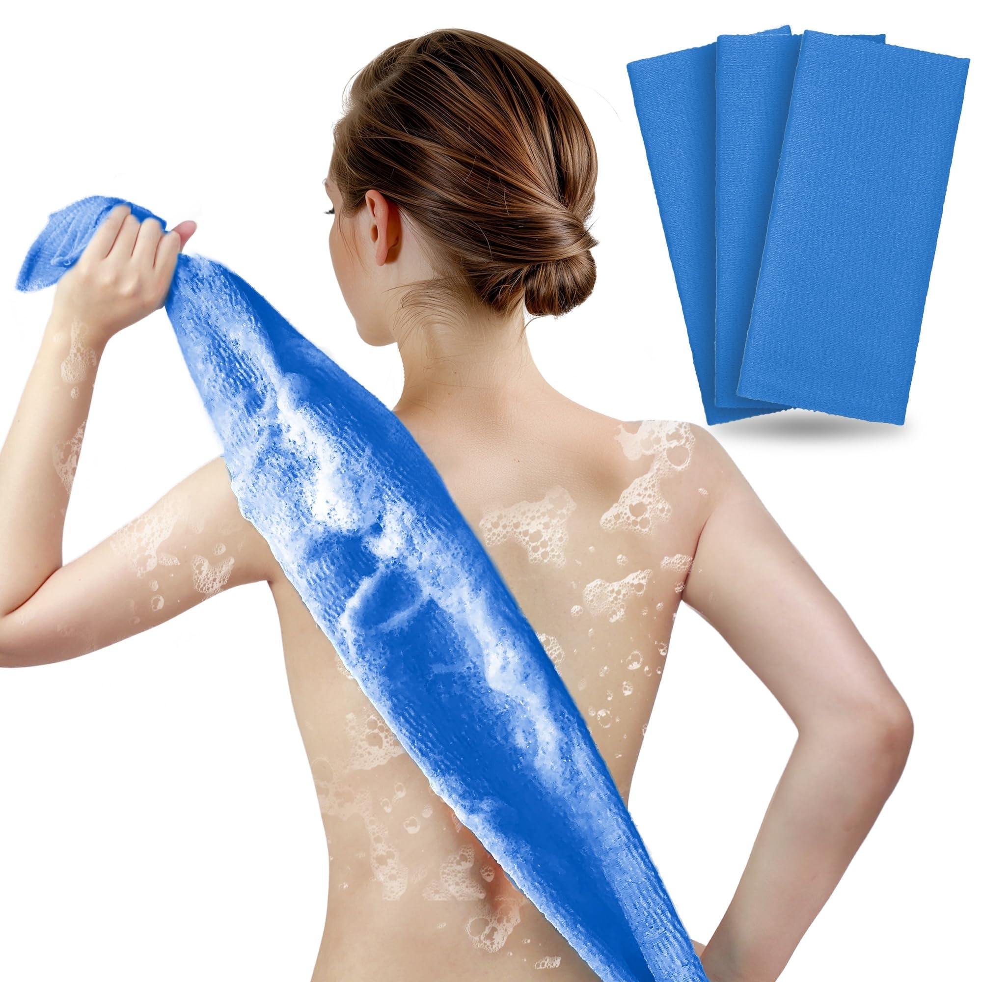 Photo 1 of ARCH&M Exfoliating Washcloth Body Scrubber Back Scrubber for Shower Japanese Beauty Washcloth Bath Wash Cloth Korean Exfoliation Luffah Towel Net Sponge Loofah Body Scrub 3 Pack (Navy-Blue x 3)
