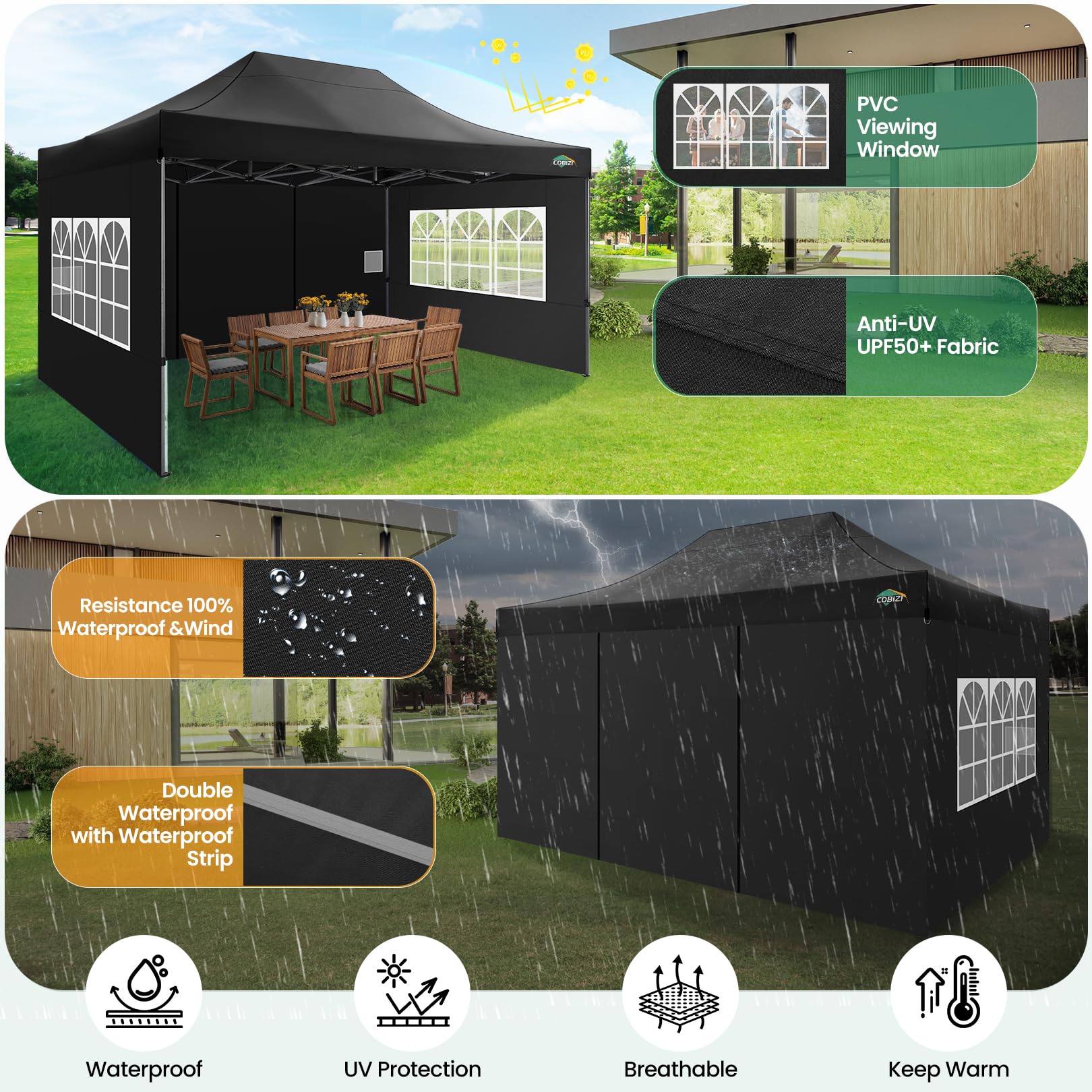 COBIZI Pavillon 3x4,5 wasserdicht stabil Winterfest 3.0, Faltpavillon 3x4,5 Partyzelt, Gartenpavillon UV Schutz mit 4 Seitenteilen Festival Partyzelt Sonnenschutz Pavillon, Schwarz 6