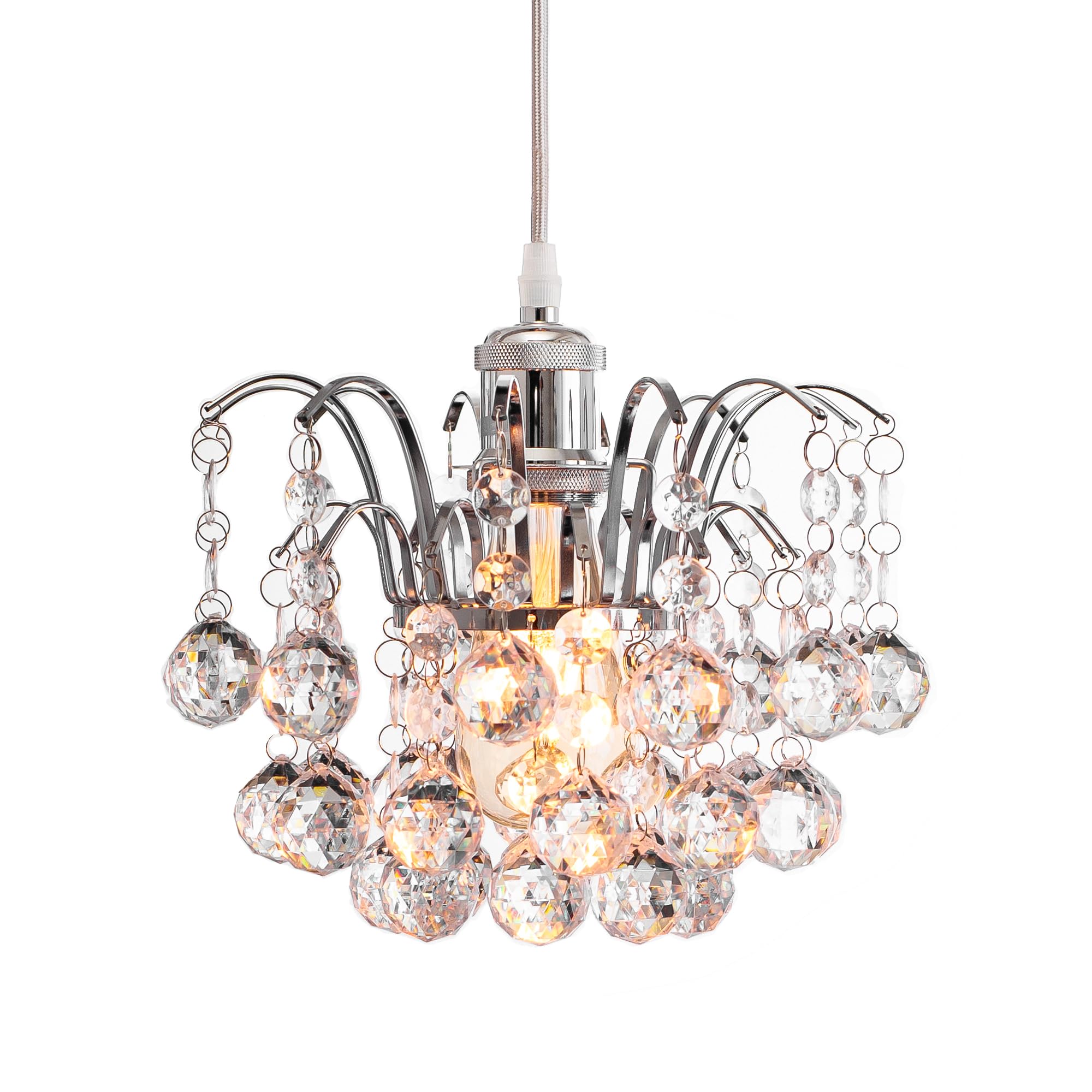 INNOTECK Faceted Oriel Pendant Light Shade, Polished Chrome Frame with Hanging Crystal Droplets, Easy Fit Ceiling Light for Living Room, Bedroom & Hallway, E14 GLS Max 60W (Bulb Not Included)