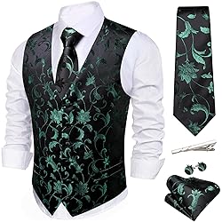 Barry.Wang Green Black Vest for Men Silk Jacquard
