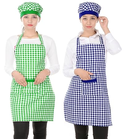 Switchon Cotton Kitchen Checks Apron with Cap (Multicolour, 99919) - Combo Pack