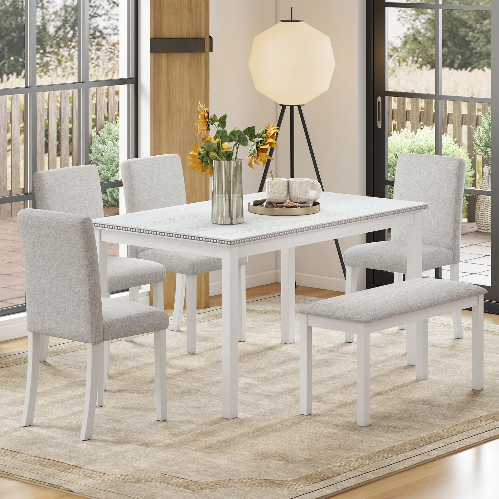Photo 1 of Zevemomo 6-Piece Solid Wood Dining Table Set, Including 1 Dining Table, 4 Upholstered Chairs and 1 Bench, Wooden Legs Dining Table Set for Dining Room, Kitchen, Restaurant, White Diamond