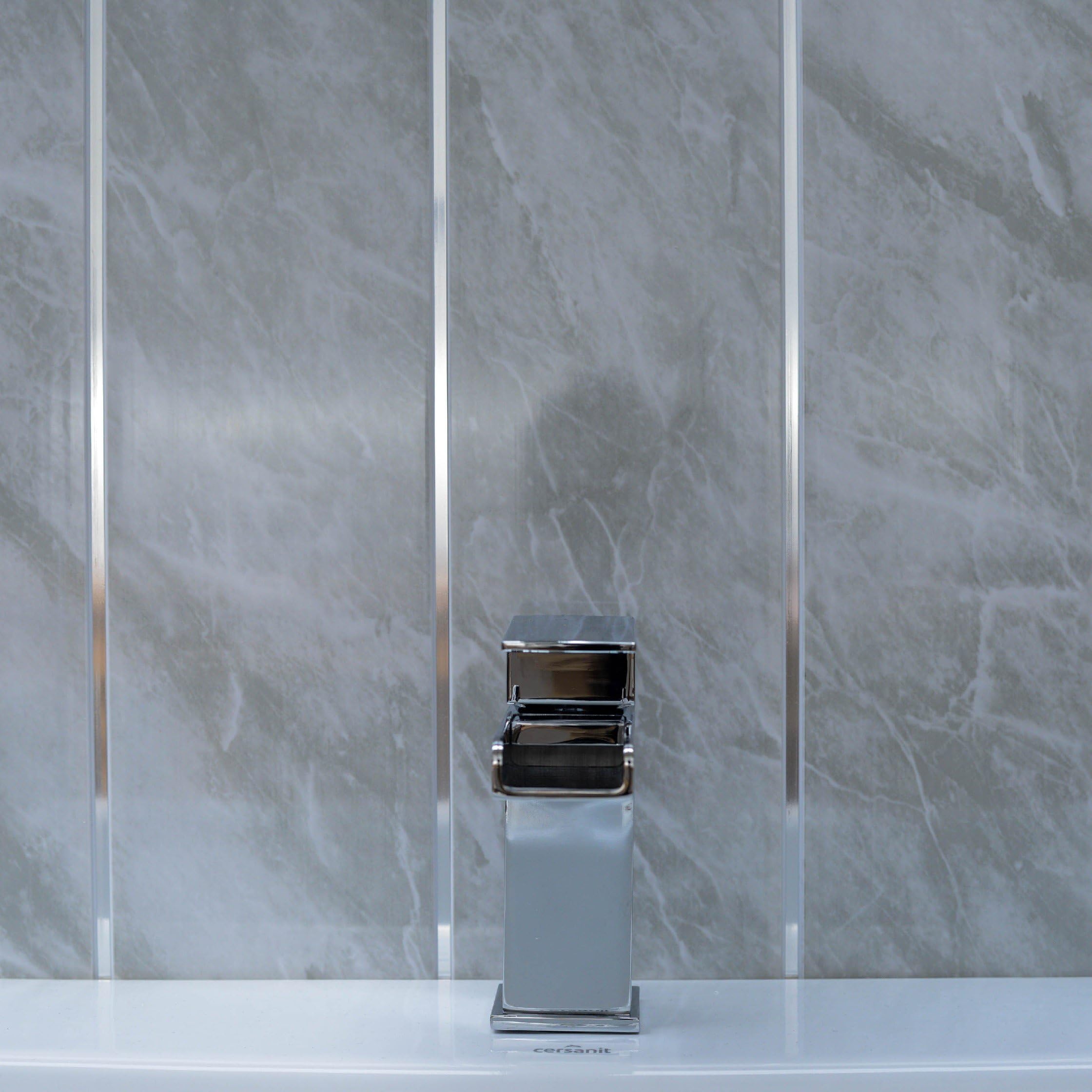 Claddtech Grey marble wall panels with chrome silver strips, Cladding panels splashbacks used in kitchen, office ceiling and walls, wet walls in shower, pvc plastic 100% waterproof (12 panels)