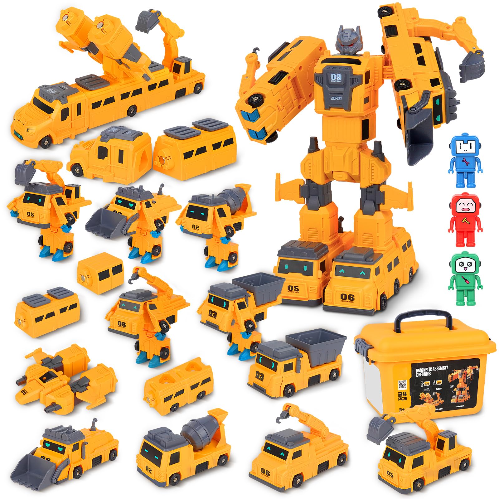 CLIUNT Super Huge Constructo Modular Transforming Toy Set, 24pcs Magnetic Transformers Engineering Car Toys, Transformer Robot Car Toys, Robot Toy Gifts for Boys Girls Kids Ages 3+